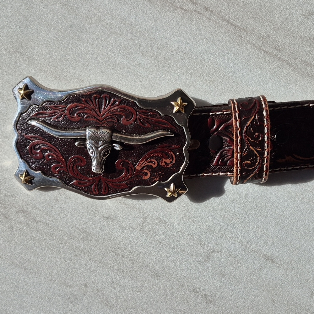 Justin Boots Embossed Leather Belt with Ornate Silver Buckle